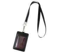 Luxshiny Funda Porta Credencial de Cuero Doble Cara Negra con Cordón Colgante, Tarjetero Identificativo Transparente para Tarjetas de Identificación y Trabajo, Porta Tarjetas Práctico