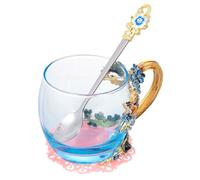 Luxshiny Juego de 1 Taza de Café de Vidrio Esmaltado con Decoración Floral Hecha a Mano, Incluye Cuchara de Aleación, Adecuado para Fiesta y Boda Varios estilos