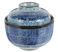 Luxshiny Juego de 2 Cuencos Japoneses de Cerámica con Tapa, Diseño Ondulado Estilo Edo, Tazón Pequeño para Sopa Miso y Ramen, Resistente al Calor y Antideslizante, Adecuado para Cocina