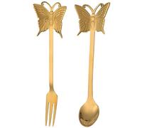 Luxshiny Juego de Cuchara y Tenedor Diseño Elegante para Postre de Acero Inoxidable Dorado y Mango en Forma de Mariposa, Adecuado para Bodas y Café en Familia