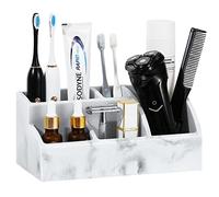 Luxspire 5 Ranuras Soporte para Cepillos de Dientes de Resina, Portacepillos de Dientes de Gran Capacidad con Orificios de Drenaje, Soporte Cepillos Dientes de Mármol para Cepillo Pasta, Grava Blanca