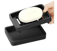 Luxspire Bandeja de Jabonera de Mármol de Resina, Caja de Contenedor con Diseño de Picos de Dos Capas, Plato de Jabón Cuadrado con Filtro de Ranura Grande para el Baño, Cocina, Ducha - Grava Negra