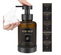 Luxspire Dispensador de Jabón Espumoso, Dispensador Jabón Espumoso de Vidrio con 5 Etiquetas Impermeables, Líquido Rellenable 450ml/15oz para Baño Cocina, Ámbar, 1 Paquete