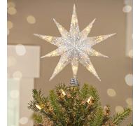 Luxspire Estrella para Copa del Árbol de Navidad, 25CM Topper Iluminado con Cable USB y Mando a Distancia, Adorno de Metal LED para Árbol, Decoración Vintage Moderna para Hogar y Fiesta, Plata