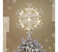 Luxspire Estrella para Copa del Árbol de Navidad, 9.5″ Adorno Luminoso de Copo de Nieve con USB y Mando a Distancia, Cable de 3 m, Luces Decorativas de Metal Vintage y Modernas para Fiesta en Casa
