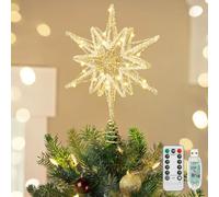 Luxspire Estrella para Copa del Árbol Navidad,25CM Topper Iluminado con Cable USB Mando a Distancia,Adorno Metal LED para Árbol,Decoración Vintage Moderna para Hogar Fiesta, Crystal Hexagram-Gold