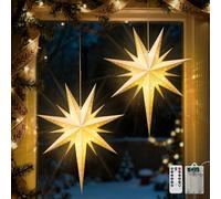 Luxspire Linterna Estrella de Papel de Navidad, 2 Pack Luces Colgantes de Copo de Nieve con Cuentas LED y Control Remoto, Linternas Decorativas Plegables para Fiesta Navideña, Estrella de Belén