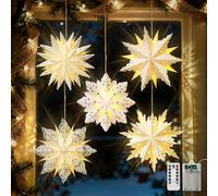 Luxspire Linterna Estrella de Papel de Navidad, 5 Pack Luces Colgantes de Copo de Nieve de Papel con Cuentas de Luz LED y Control Remoto, Linternas Decorativas Plegables para Fiestas Navideñas