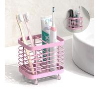 Luxspire Porta Cepillo de Dientes Baño, 10 * 8 * 10,5 cm Soporte de Cepillo de Dientes de Acero Inoxidable con Agujeros de Drenaje, Porta Pasta de Dientes de Pared Autoadhesiva o en Mesa, Rosa