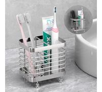 Luxspire Porta Cepillo de Dientes Baño, 10 * 8 * 10,5 cm Soporte de Cepillo de Dientes de Acero Inoxidable con Agujeros de Drenaje, Porta Pasta de Dientes de Pared Autoadhesiva o en Mesa, Plateado
