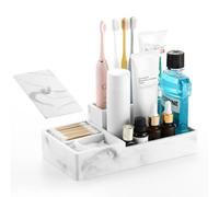 Luxspire Porta Cepillo de Dientes, Soporte de Cepillo de Dientes de Resina con Organizador para Bastoncillo de Algodón, Organizador de Baño para Pasta de Dientes, Grava Blanca