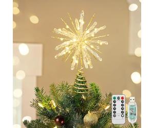 Luxspire Punta de Árbol de Navidad, Estrella Iluminada con Control Remoto USB, 10" Luces Decorativas de Metal Transparente, Luces Vintage Modernas para el Hogar Fiestas Navideñas, Echinoid Star-Gold