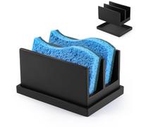 Luxspire Soporte de esponja para fregadero, organizador de esponja de resina con 2 compartimentos, soporte para encimera de fregadero de cocina con bandeja de drenaje, negro mate