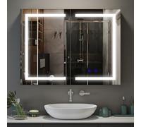 Luxstein Armario Espejo de Doble Puerta para Baño con Iluminación LED, 3 Colores de Luz 6000K, Función Antivaho, Montaje en Pared, con Enchufe y Estante, 60 x 80cm, Blanco