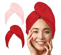 LUXTOGO Toalla turbante para el cabello de alta calidad, 100% algodón, toalla turbante de alta calidad con botón y goma elástica, turbante superabsorbente (rosa+rojo)