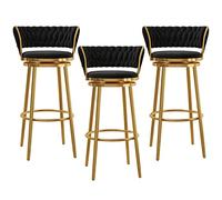 Luxurious Velvet Round Bar Stool with Woven Backrest Swivel Pub Chair for Home Kitchen Set of 1/2/3/4 Stylish Footrest Modern Black Barstools