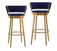 Luxurious Velvet Round Bar Stool with Woven Backrest Swivel Pub Chair for Kitchen & Home Bar Set of 1/2/3/4 Comfortable Footrest Elegant Black Design