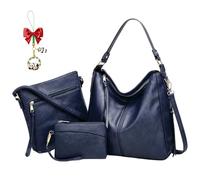 Luxury Leather 3-Piece Hobo Bag Set, Soft Anti-Theft Crossbody Purse and Wallet Set, Shoulder Handbag for Women (Blue)