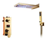 Luxury LED Shower System Intelligent LCD Digital Control Shower Faucet Set Multifunction Gold Waterfall Shower Combo Set with Shower Head, Handheld Shower