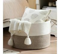 Luxury Little Nursery Storage Basket, Size XXXL :: 100% Cotton Rope Hamper with Handles :: Sturdy Baby Bin Organizer for Laundry, Toys, Blankets, Pillows & More, 22" x 22" x 14", White/Beige