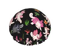 Luxus-Duschhaube für Damen, niedlicher bunter Axolotl, wasserdicht, wiederverwendbar, waschbar und atmungsaktiv, modische Duschhaube mit Gummizug, einfach zu tragen, geeignet für langes, kurzes, locki
