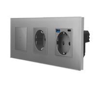 Luxus-Time Interruptor de luz + enchufe Schuko + enchufe con conector USB-A/C para cargar, instalación múltiple, 20 W, carga rápida, 3 enchufes, incluye marco de cristal, color gris