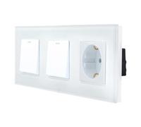 Luxus-Time Marco de 3 vías con 2 interruptores de luz basculantes y enchufe Schuko para empotrar empotrable, interruptor basculante (marco de cristal, 2 interruptores de luz + enchufe, color blanco)