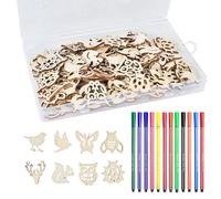 Luxvara 100 Piezas Madera Forma Animales Rodajas, Madera Decorativa con Forma de Animales, Diy de Maderas Natural de Animal con 12 Rotuladores de Colores, Manualidades Pintar Maderas para Scrapbooking