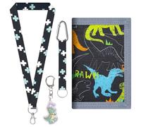 Luxvara Cartera para Niño Dinosaurio, Cartera Niño Tríptico,Billetero Infantil, con Un Llavero,Patrón de Dinosaurio, 23.8x12.3cm, para Tarjetas, Monedas, Billetes y Documentos de Identidad