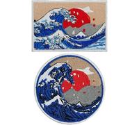 Luxylei 2 Parches De Kanagawa Great Wave Off Bordados con Apliques, Cierre De Gancho Y Bucle, Emblema para Coser, Divertido Parche De Anime para Chaquetas, Mochilas