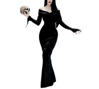 LUYANA Vestido de mujer Morticia Addams vestido gótico de bruja Halloween disfraz sexy con hombros descubiertos negro, A-negro., XS