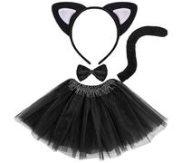 LUYANFX Juego de disfraz de gatito de 4 piezas, orejas de gatito negras, diadema, pajarita con falda tutú, juego de accesorios de disfraz de animal para Halloween, carnaval, fiestas de cosplay, para