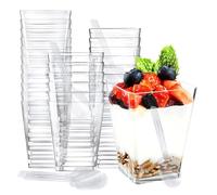 LUYIEDHA 25 vasos de postre de plástico con cucharas, reutilizables vasitos para postres para Cuadrados Transparentes,Vasos Aperitivo para Helado,Pudín,Mousse