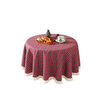 LUYSGBXR Christmas Red Buffalo Plaid Round Tablecloth Checkered Cotton Linen Autumn Table Covers For Kitchen Dining Room Home Decorations(Tassel Red Small,Diameter 120cm)