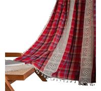 LUYSGBXR Plaid Window Curtain Rod Pocket Semi Sheer Crochet Lace Curtains For Bedroom Living Room Farmhouse Decorations(Red,W150cmXH180cm)
