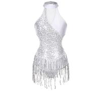 LUYSGBXR Shiny Sequin Leotards For Women Latin Jazz Tassel Fringe Bodysuit Ballroom Dancing Competiton Chacha Samba Tango Jumpsuit(Silver,S)