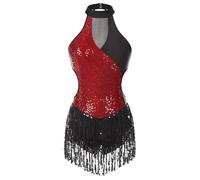 LUYSGBXR Shiny Sequin Leotards For Women Latin Jazz Tassel Fringe Bodysuit Ballroom Dancing Competiton Chacha Samba Tango Jumpsuit(Wine Red,L)