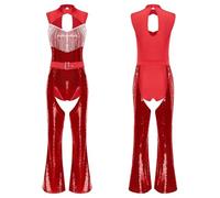 LUYSGBXR Women Sequins Fringe Bodysuit Sparkly Leotard Ballroom Costume Tassel Latin Jazz Dance Outfits Show Stage Performance Wear(Red3,L)
