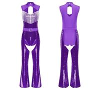 LUYSGBXR Women Sequins Fringe Bodysuit Sparkly Leotard Ballroom Costume Tassel Latin Jazz Dance Outfits Show Stage Performance Wear(Purple B,L)