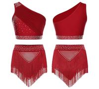 LUYSGBXR Womens Latin Cha-cha Figure Skating Dance Outfit One Shoulder Rhinestone Ruched Tank Crop Top+Tassel Shorts Modern Dancewear(Wine Red,L)