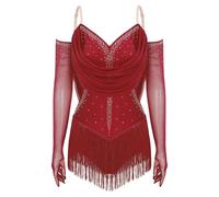 LUYSGBXR Womens Tassel Latin Rumba Dance Leotard Glittery Cutout Fringed Bodysuit with Gloves Cha-cha Samba Tango Performance Costume(Red,S)