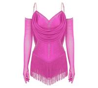 LUYSGBXR Womens Tassel Latin Rumba Dance Leotard Glittery Cutout Fringed Bodysuit with Gloves Cha-cha Samba Tango Performance Costume(Hot Pink,XXL)