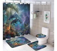 LUYYSKY Beautiful Fantasy Dolphin - Juego de 4 cortinas de ducha, juego de baño con alfombras antideslizantes, cubierta de tapa de inodoro y alfombrilla de baño