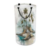 LUYYSKY Cesta de almacenamiento versátil de playa rústica y realista, pintura al óleo colorida, océano, costa, isla, palmeras, cesta de baño de gran capacidad con asa