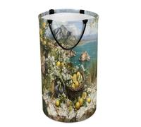LUYYSKY Cesta de lavandería versátil con pintura al óleo rústica, con diseño de limón, hermosa y colorida primavera, floral, frutas tropicales, limón, gran capacidad, cesta de baño con asa