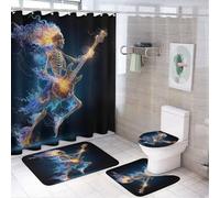 LUYYSKY Cool Fantasy - Juego de 4 cortinas de ducha con diseño de guitarra, diseño gótico abstracto de calaveras ardientes, música rock, juego de baño con alfombras antideslizantes, cubierta para tapa