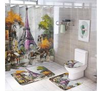 LUYYSKY Fantasy Beautiful Eiffel Towers - Juego de 4 cortinas de ducha, pintura al óleo colorida, juego de baño con alfombras antideslizantes, cubierta de tapa de inodoro y alfombrilla de baño