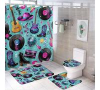 LUYYSKY Juego de 4 cortinas de ducha abstractas de graffiti vaquera, estilo vintage, acuarela, moderno, con botas vaqueras, guitarra, juego de baño con alfombras antideslizantes, cubierta para tapa de