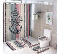 LUYYSKY Juego de 4 cortinas de ducha con diseño de anclas náuticas costeras, estilo rústico y moderno, diseño de ancla a rayas con alfombras antideslizantes, cubierta de tapa de inodoro y alfombrilla