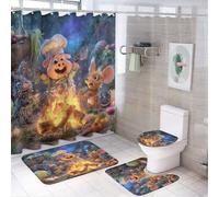 LUYYSKY Juego de 4 cortinas de ducha con diseño de cerdos realistas de dibujos animados, lindos y divertidos juegos de baño con alfombras antideslizantes, cubierta de tapa de inodoro y alfombrilla de